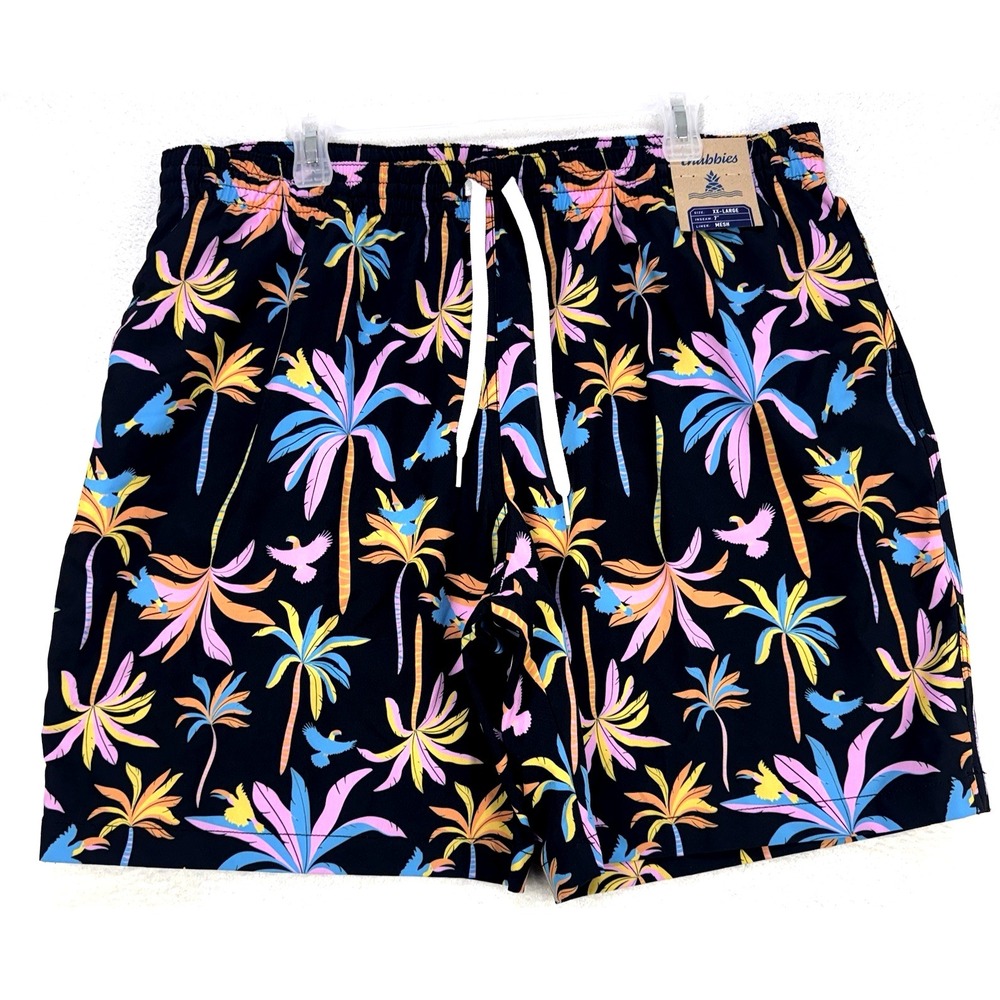 Chubbies The Black Light Nights Swim Trunks Mens XXL 7" Palm Tree Neon Board NWT